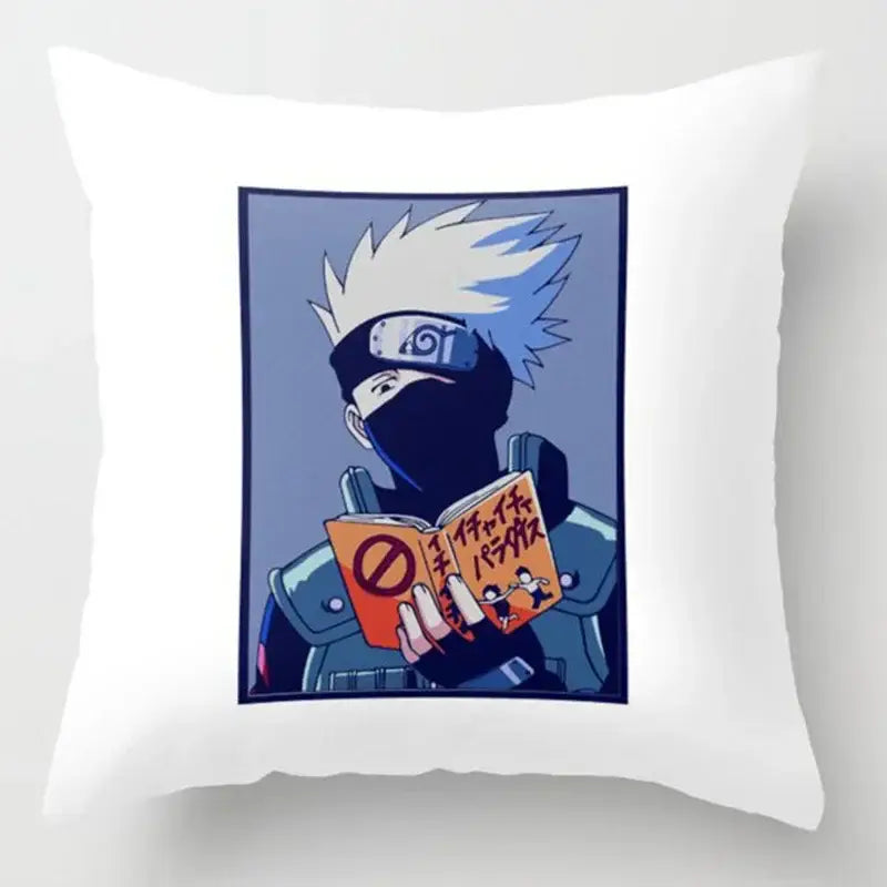 White soft short plush pillow case featuring a stylized kakashi hatake illustration with red cloud design