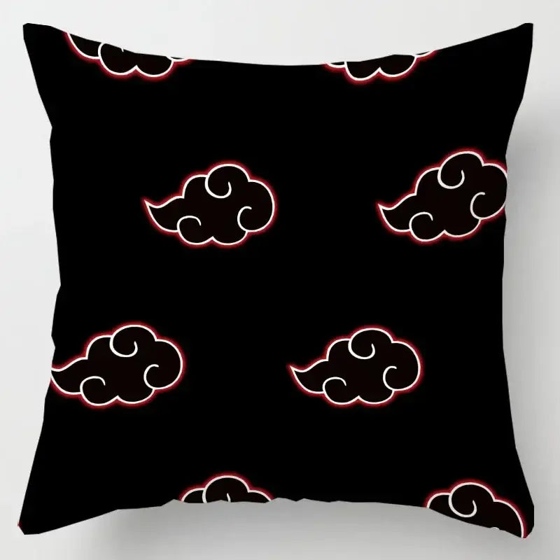 Black soft short plush pillow case featuring red cloud stylized clouds with white inner detailing for naruto fans