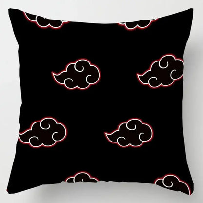 Black soft short plush pillow case featuring red cloud stylized clouds with white inner detailing for naruto fans