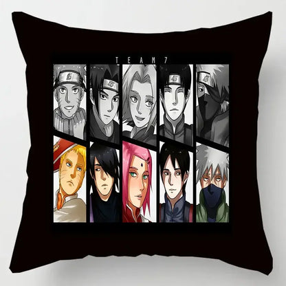 Black soft short plush pillow case featuring a red cloud square design with team 7 characters from naruto in anime art