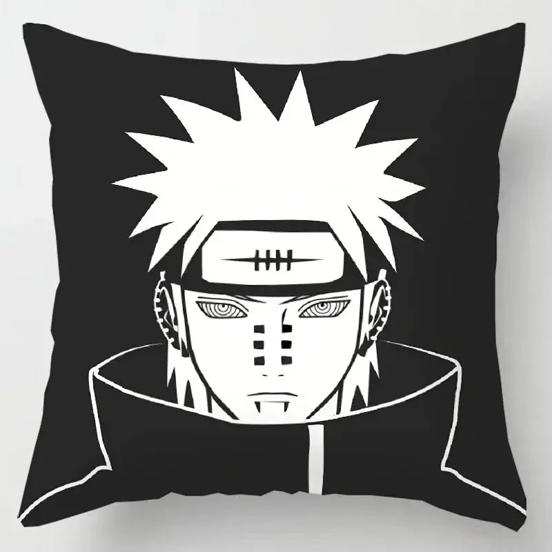 Black soft short plush pillow case with bold white line art of naruto uzumaki and red cloud design