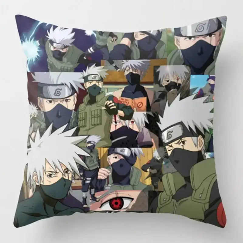 Square throw pillow case with soft short plush fabric featuring kakashi hatake collage and red cloud design