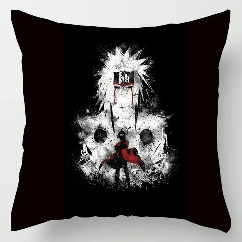 Black soft short plush Naruto Uchiha Itachi pillow case with red cloud design and stylized anime character accents