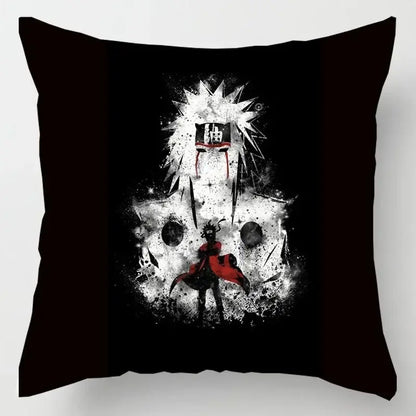 Black soft short plush Naruto Uchiha Itachi pillow case with red cloud design and stylized anime character accents