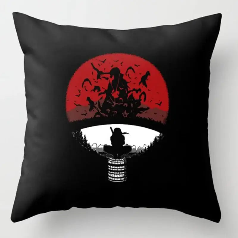 Black soft short plush pillow case featuring a ninja silhouette with red cloud design and white moon details