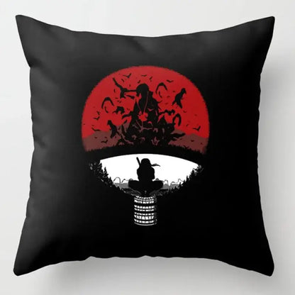 Black soft short plush pillow case featuring a ninja silhouette with red cloud design and white moon details