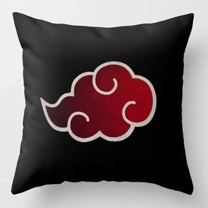 Black soft short plush pillow case featuring a red cloud emblem outlined in white from Naruto Uchiha Itachi design