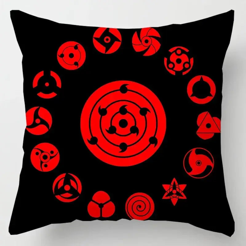 Black soft short plush pillow case featuring bold red cloud sharingan eye design from naruto uchiha itachi series