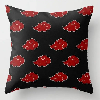 Black soft short plush throw pillow case featuring a red cloud pattern inspired by Naruto Uchiha Itachi design