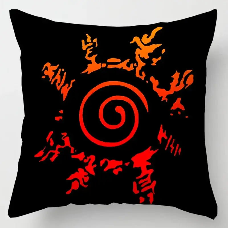 Black soft short plush Naruto Uchiha Itachi pillow case with bold red spiral emblem and orange flame-like red cloud design