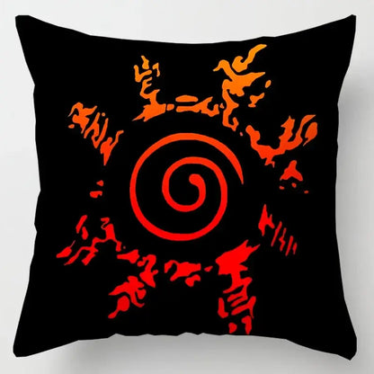 Black soft short plush Naruto Uchiha Itachi pillow case with bold red spiral emblem and orange flame-like red cloud design
