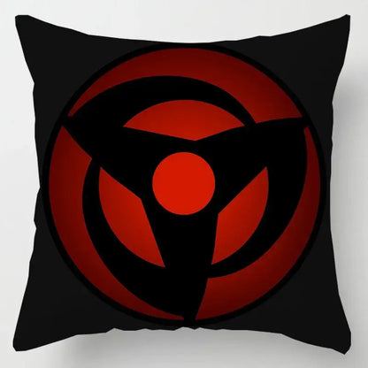 Black soft short plush throw pillow case featuring a bold red and black sharingan eye design for red cloud fans