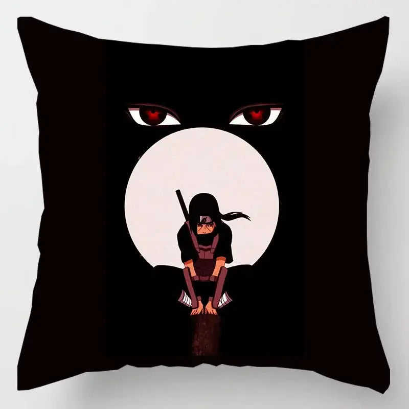 Black soft short plush pillow case featuring red cloud and anime character itachi with red eyes on white backdrop