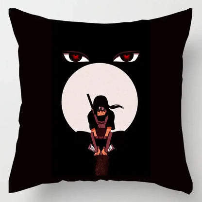 Black soft short plush pillow case featuring red cloud and anime character itachi with red eyes on white backdrop