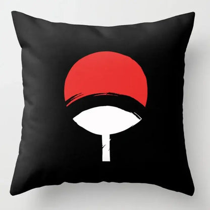 Black soft short plush pillow case featuring bold red and white uchiha clan symbol and red cloud design
