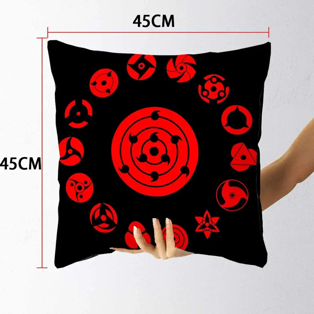 Black square pillow case with vibrant red cloud sharingan eye pattern soft short plush for Naruto fans