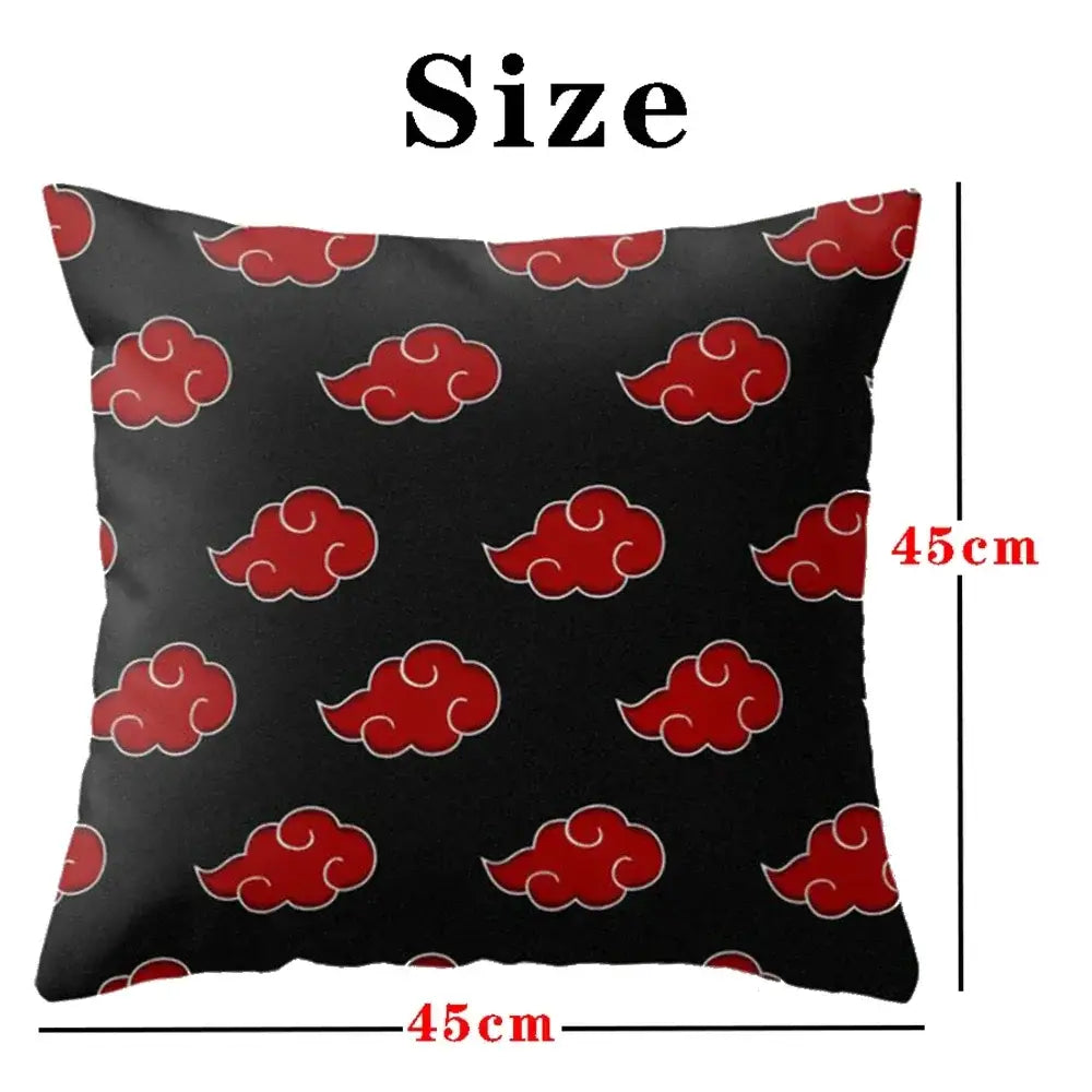 Black soft short plush pillow case featuring a red cloud pattern inspired by naruto uchia itachi design