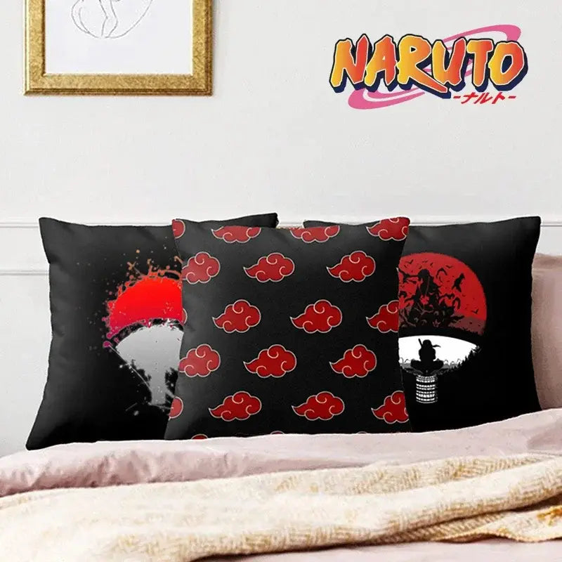 Black naruto uchia itachi pillow case with soft short plush fabric featuring red cloud and moon designs