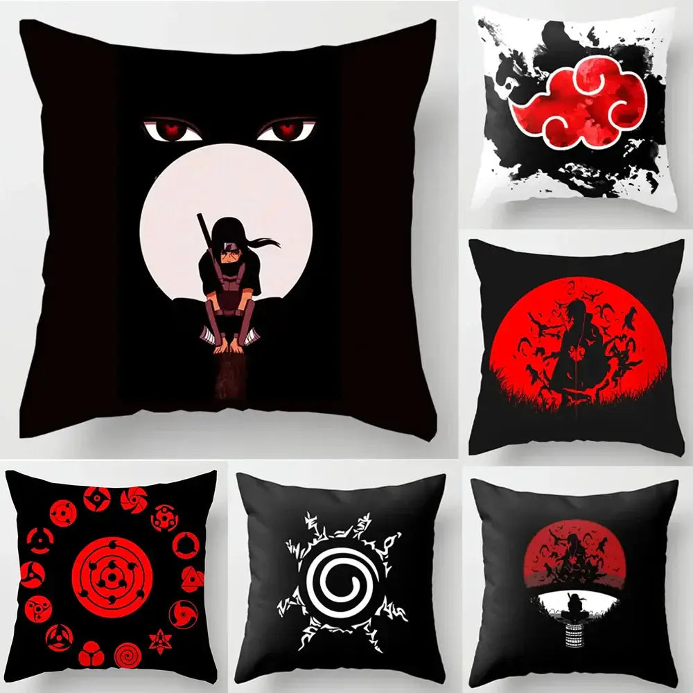 Black soft short plush pillow case featuring red-eyed ninja silhouette with red cloud design against white moon background