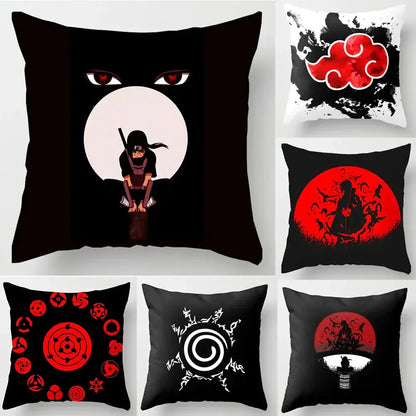 Black soft short plush pillow case featuring red-eyed ninja silhouette with red cloud design against white moon background