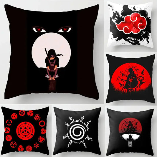 Black soft short plush pillow case featuring red-eyed ninja silhouette with red cloud design against white moon background