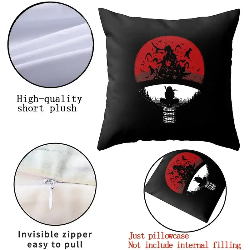 Black soft short plush pillow case with red cloud circular design featuring naruto uchiha itachi silhouettes