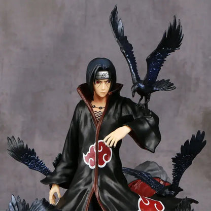 Uchiha Itachi PVC statue in glossy black cloak with red clouds and crows, perfect for home decor 28cm tall
