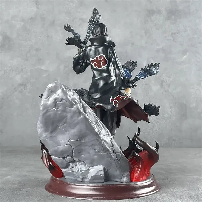 Black resin uchiha itachi pvc statue in akatsuki cloak with crows on rocky base for home decor 28cm tall