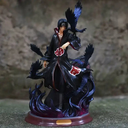Uchiha itachi pvc statue wearing black and red akatsuki cloak with black crows on dark purple flame base for home decor