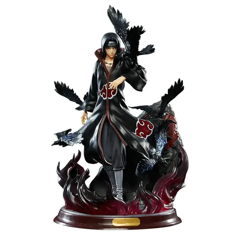 Naruto Uchiha Itachi PVC statue in black and red cloak with black crows on glossy base for home decor