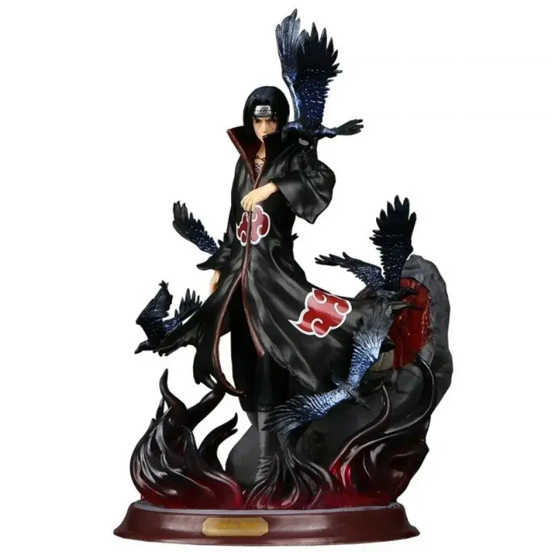 Naruto uchiha itachi pvc statue in black and red akatsuki cloak with black crows on a dark base for home decor