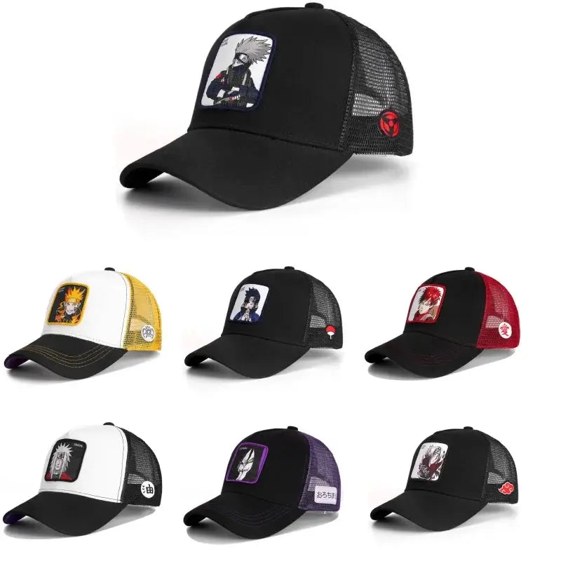 Black trucker hat with mesh back and adjustable strap featuring embroidered kakashi hatake patch for uchiha itachi fans