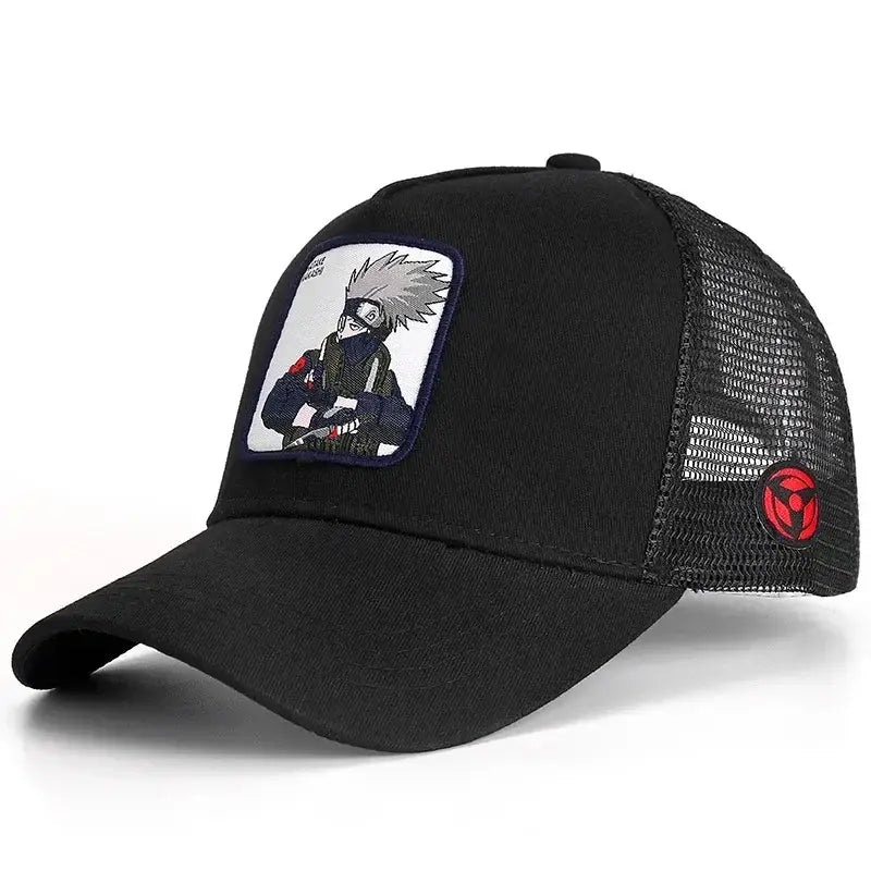 Black trucker style snapback cap with embroidered kakashi hatake patch and red uchiha itachi sharingan emblem side design