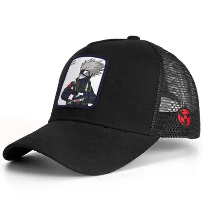 Black trucker style snapback cap with embroidered kakashi hatake patch and red uchiha itachi sharingan emblem side design