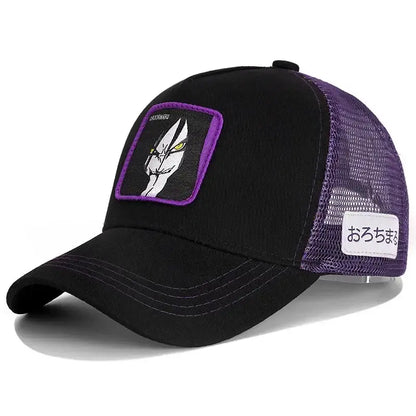 Black and purple trucker hat with mesh featuring an embroidered jotaro kujo patch and uchiha itachi snapback adjustment