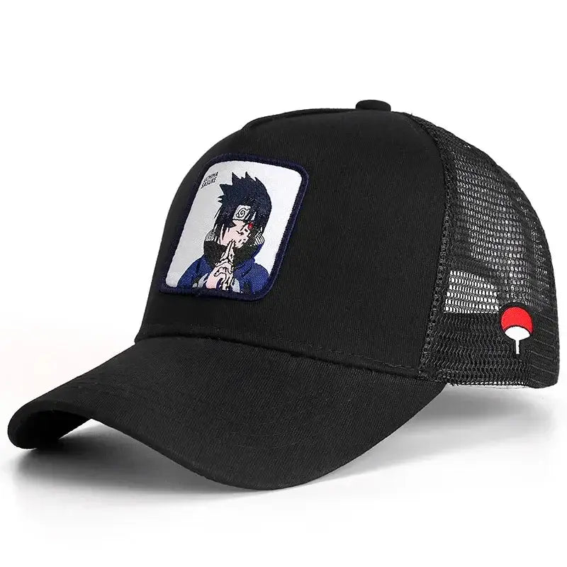 Black trucker-style snapback cap with embroidered sasuke uchiha patch and red white uchiha itachi clan symbol button