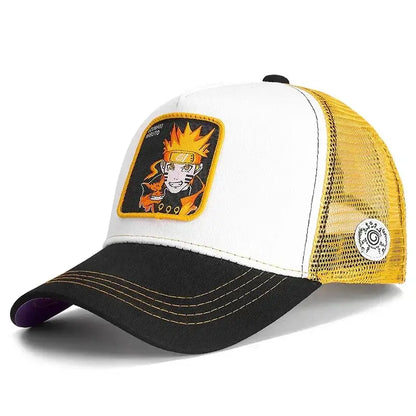 White and black trucker hat with yellow mesh back featuring embroidered naruto uzumaki patch uchiha itachi snapback cap