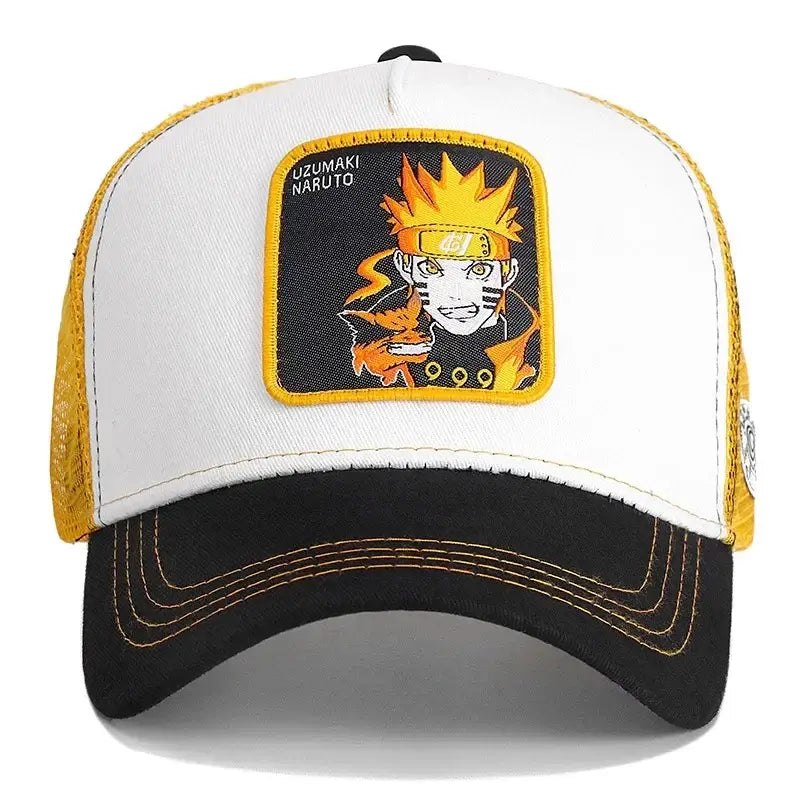 White and black trucker hat with yellow embroidered patch featuring uchiha itachi from naruto anime series