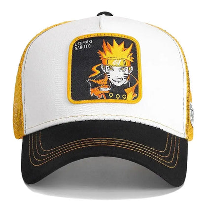 White and black trucker hat with yellow embroidered patch featuring uchiha itachi from naruto anime series