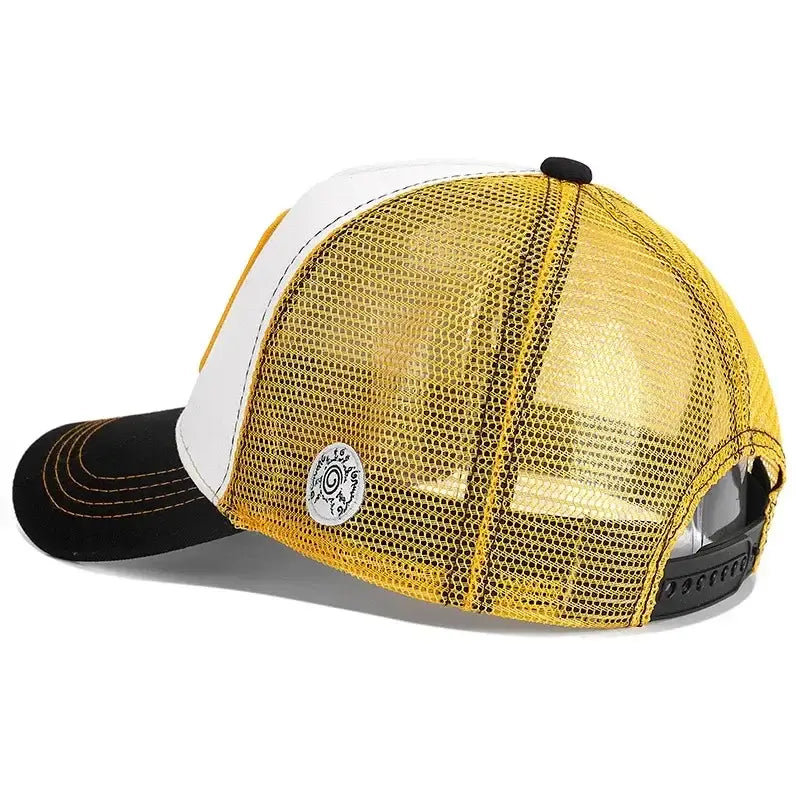Yellow and black mesh trucker hat with white front panel uchiha itachi snapback cap adjustable for comfortable fit