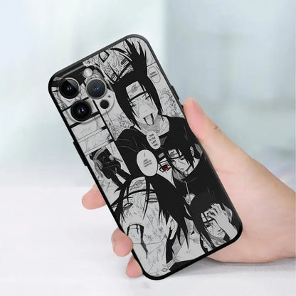 Black tpu phone case featuring detailed black and white naruto uchiha itachi manga illustration on the back side