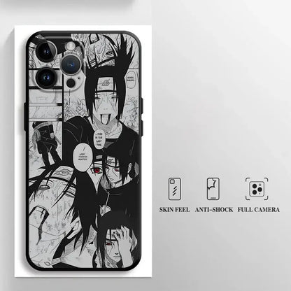Black and white illustrated naruto uchiha itachi soft phone case made of black TPU showing back side design