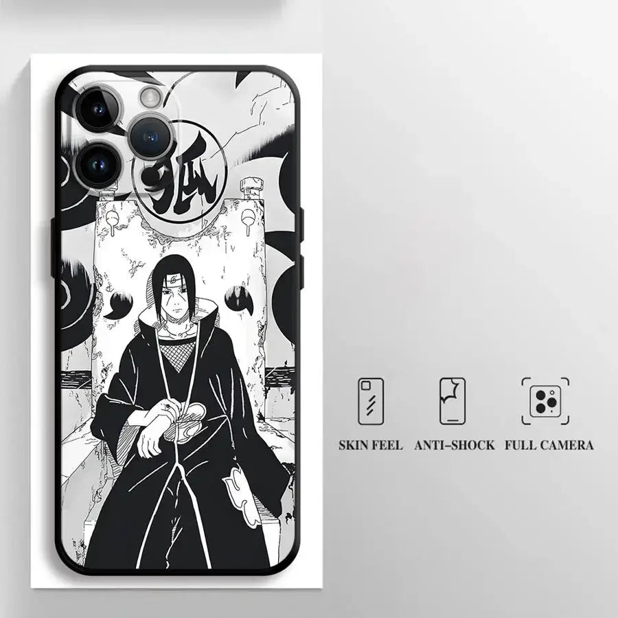 Black and white illustrated back of naruto uchiha itachi soft phone case made of black tpu material
