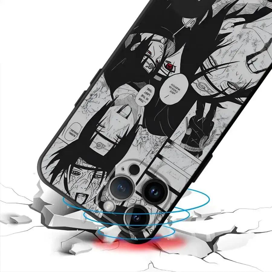 Black naruto uchiha itachi soft phone case with white manga-style illustrations and speech bubbles on black tpu back side