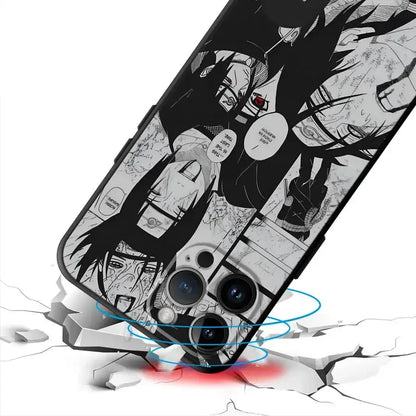 Black naruto uchiha itachi soft phone case with white manga-style illustrations and speech bubbles on black tpu back side