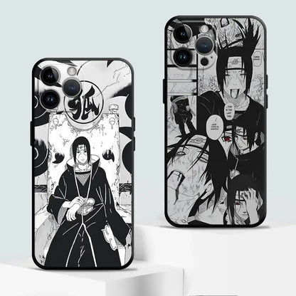Black tpu naruto uchiha itachi soft phone case with intricate black and white manga-style uchiha itachi design back view