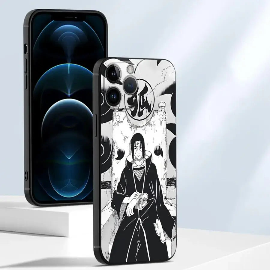 Black TPU soft phone case featuring detailed black and white line art of naruto Uchiha Itachi on the back side