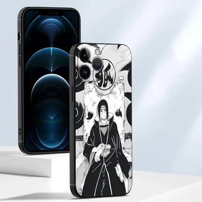 Black TPU soft phone case featuring detailed black and white line art of naruto Uchiha Itachi on the back side