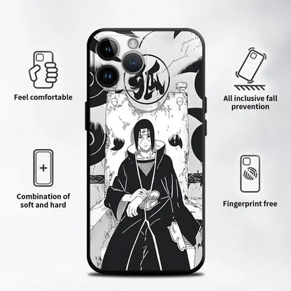 Black and white illustrated naruto uchiha itachi soft phone case featuring the back side design on black tpu material