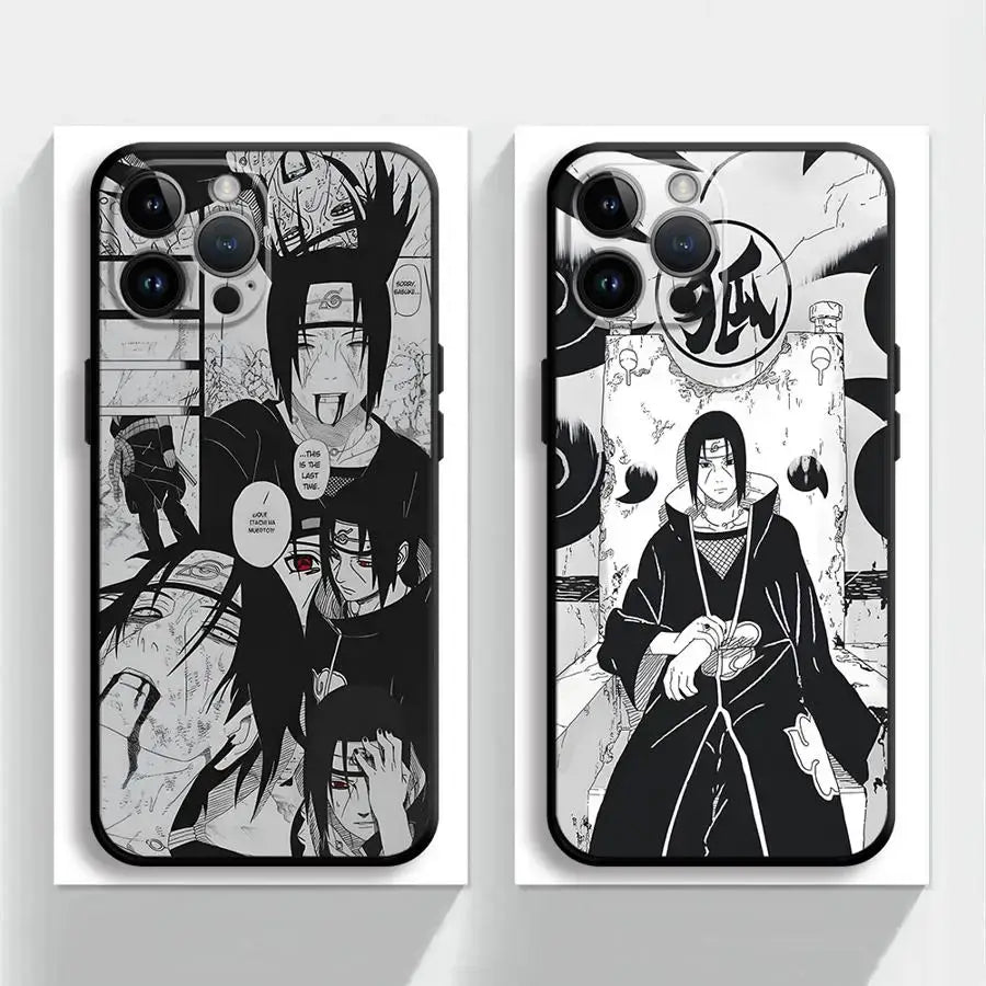 Black and white illustrated naruto uchiha itachi soft phone case made of black tpu shown from the back side